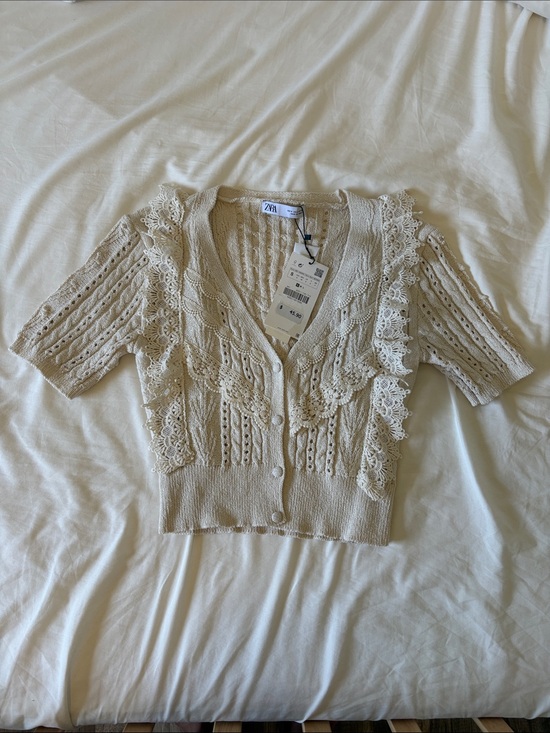 Zara Sweaters - Zara Cream Crochet Lace-Trim Short-Sleeve Cardigan